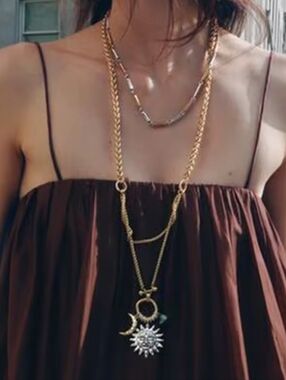 New! Free People Celestial Sun Moon Necklace Two-tone Silver Gold • NWOT